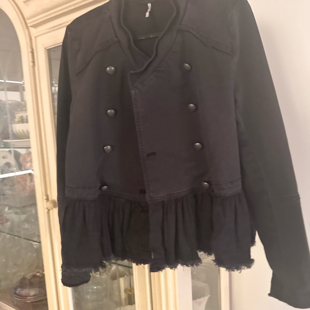 Free People ruffled peplum denim jacket size Large medium black - Picture 8 of 12